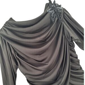 Gilberti Black Beaded Maxi Dress 80s Ruched Fit Flare Statement